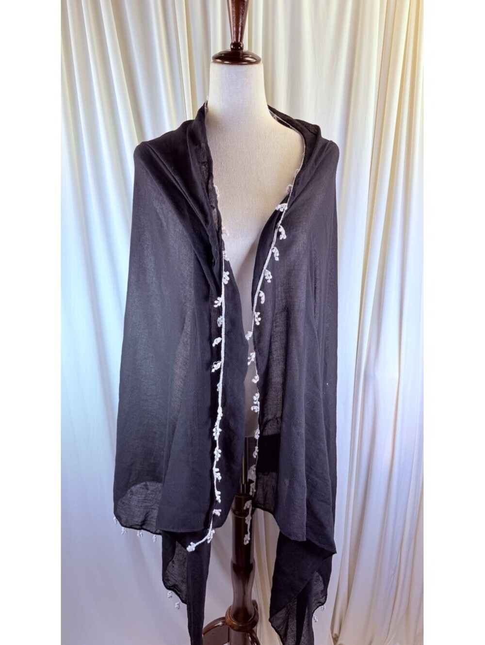 Women's Scarf Lightweight Solid Black White Tassel 34 X 72 Classic